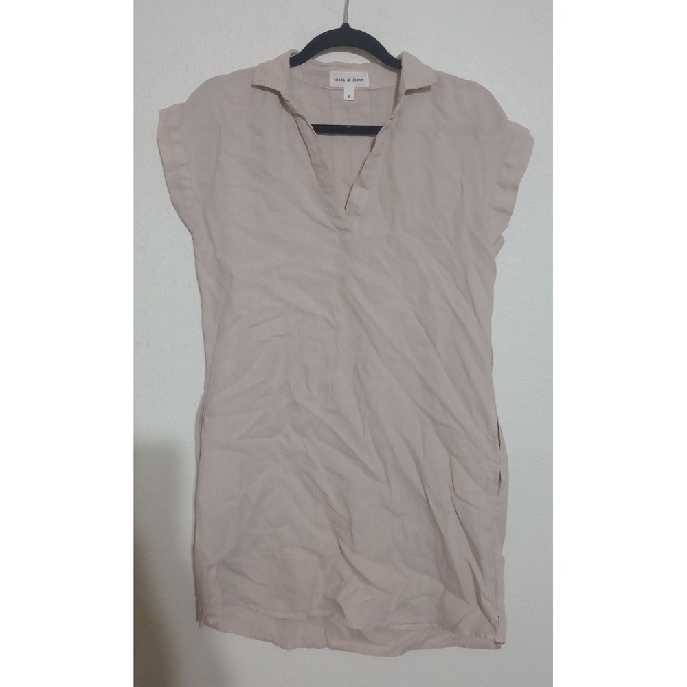Cloth & Stone Linen Shift Dress Tan Beige V-Neck Short Sleeve Pockets Small